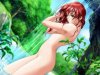 Anime girl bathing under waterfall